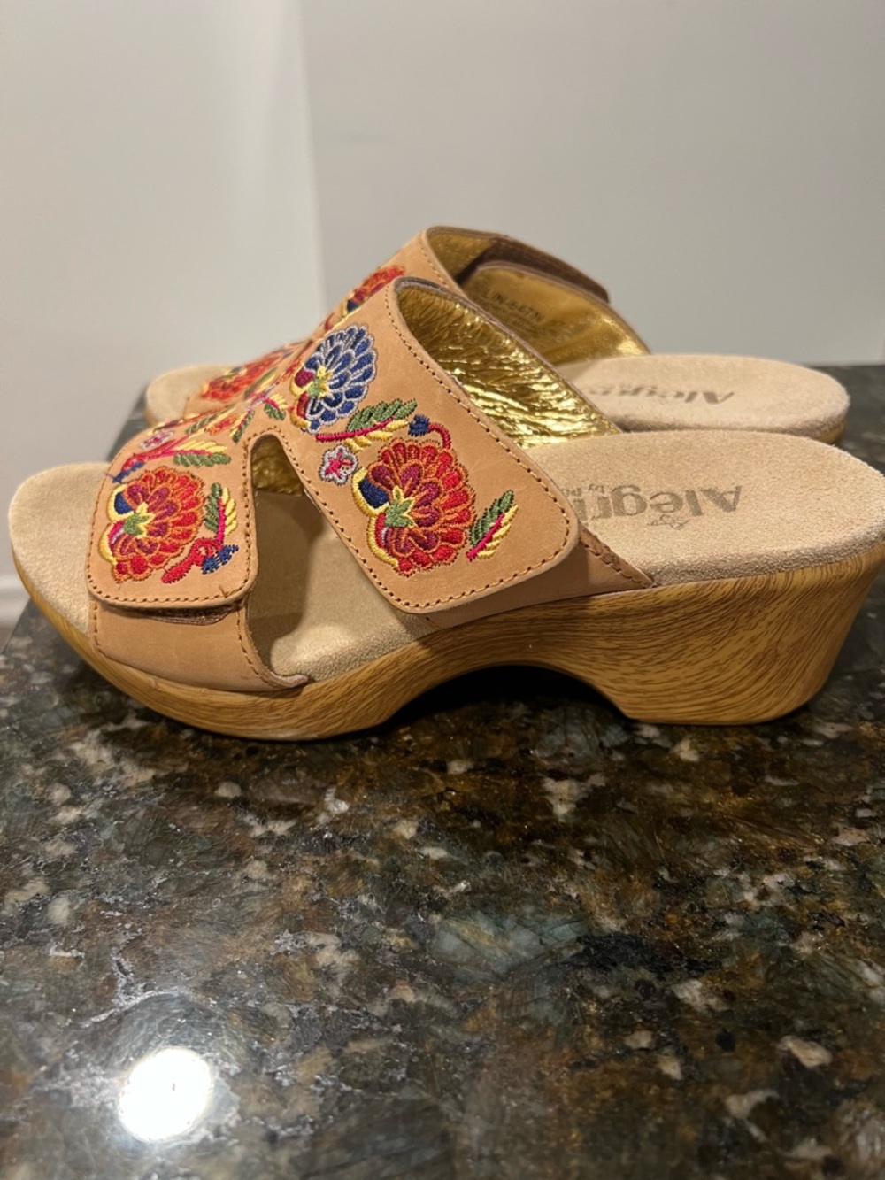 Alegria Tan Embroidered Floral Clog Sandals